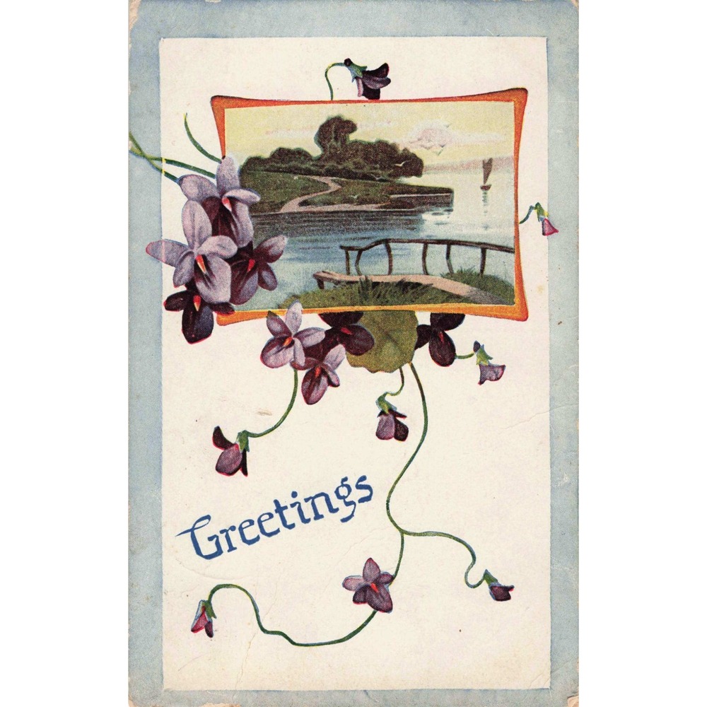 1910 Greetings Antique Postcard Purple Violets Landscape Robinson Illinois IL - Picture 1 of 2